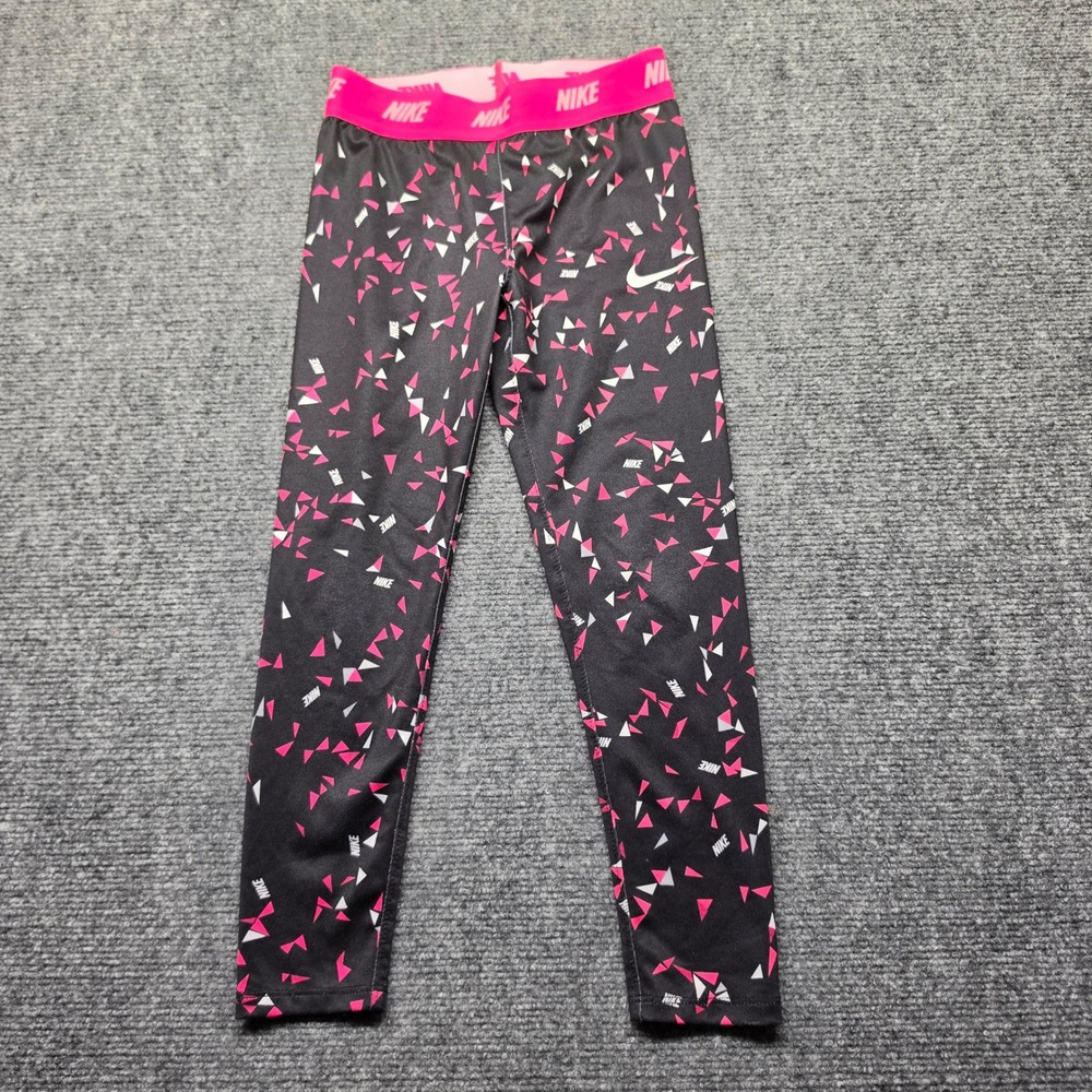 Nike Pro Dri-FIT Girls Leggings Black Pink Geometric Triangle Print Size L 6-7Y
